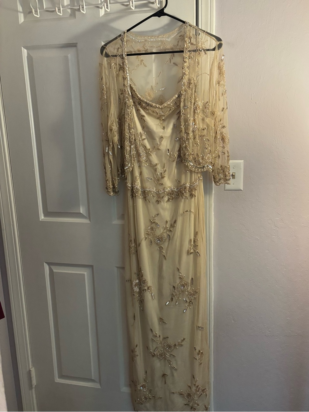 Stenay Beaded Champagne Evening Gown with Sheer Jacket